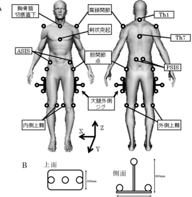 図 2 赤外線反射マーカ位置（A）と大腿外側に貼付したジグ（B）