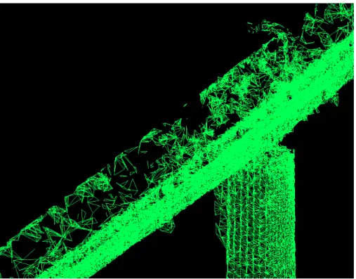 図  2.10  既存研究の手法を用いて橋梁の点群データから TIN を生成した結果  このように，点群データからの高精度な 3 次元モデルの生成は容易ではなく，万能な 手法は確立されていない．さらに，手法によって精度が異なるという点やその精度の検 証に時間を要する点に関して有効な手段が示されていない．  そのため，これらの課題を解決するには，既存の 3 次元モデルから修正を必要とする 箇所を特定し，局所修正することで 3 次元モデルの精度を高めることが有効であると考 える．そこで，本研究では，距離データを