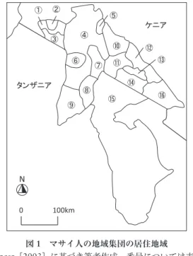 図 1  マサイ人の地域集団の居住地域
