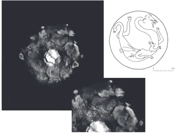 図 ₅ 　鏡背の X 線 CT 調査（左：X 線 CT 画像　中：龍頭部の拡大画像　右：龍の描起図）