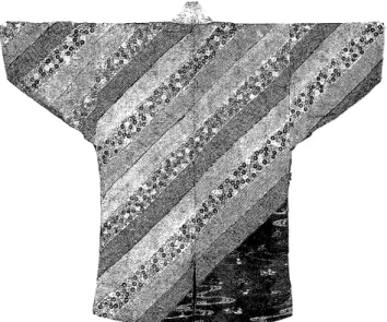 図 4 　 染 分 地 斜 め 縞 に 花 唐 草 と 流 水 鴛 鴦 文 様 具 足 下 着 （ 女 子 美 術 大 学 　 　 美 術 館 所 蔵 ） れ る 直 線 で 仕 切 ら れ た 区 画 構 成 の 中 に 文様 が 規 則 正 し く 配置 さ れ て い る 意 匠 が 特 徴 で あ る が 、 本 図 で は 肩 裾 の 区 画 の 上 に 具 象 的 な 比 較 的 大 き な 文 様 が 配 置 さ れ て い る 。 す な わ ち 、 肩 裾 の 区 画 を 飛 び 出 し 
