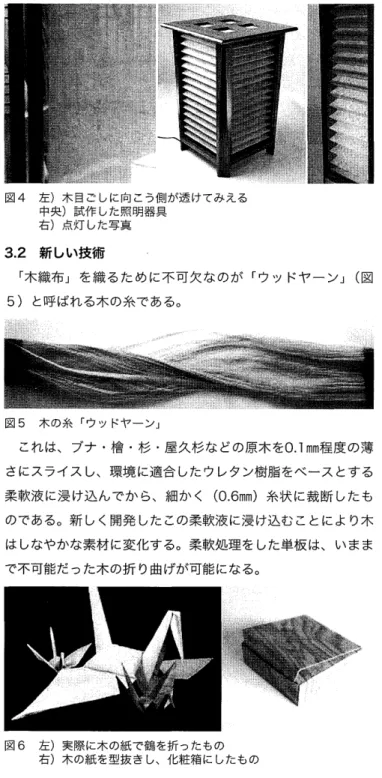 図 4 　 左 ） 木 目 乙 し に 向 こ う 側 が 透 け て み え る 　 　 中 央 ） 試 作 し た 照 明 器 具 　 　 右 ） 点 灯 し た 写 真 3．2 　新 し い 技 術 　 「 木 織 布 」 を 織 る た め に 不 可 欠 な の が 「 ウ ッ ド ヤ ー ン 」 （ 図 5 ＞ と呼 ば れ る 木 の 糸 で あ る 。 図 5 　 木 の 糸 「 ウ ッ ドヤ ー ン 」 　 こ れ は 、 ブ ナ ・ 檜 ・ 杉 ・ 屋 久 杉 な ど の 原 木 を 0