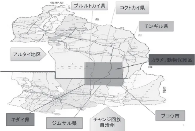 図 3 カラメリ動物保護区の位置及び「一区両管」 iv 出所：初紅軍（2008）に基ついて筆者作成  ４．「退牧還草」政策の推進と動物保護  1990 年代から中国西北部の草原では、砂漠化をはじめとする環境問題や過放牧による生業・生産問題がます ます深刻になってきた。これらの様々な問題を解決するために、中央政府は「退牧還草」政策（牧畜を禁止し 草地を復元する政策）を中心とする一連の政策・制度を実行し始めた。新疆において「退牧還草」事業がほぼ 全域で展開されるようになったのは 2003 年であり、それは今日ま