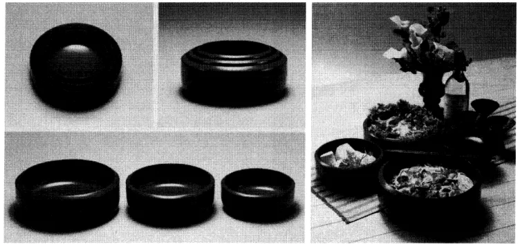 図 3 　 三 つ 組 み 入 れ 子 鉢 各 グ ル ー プ が ア イ デ ア ス ケ ッ チ に 基 づ い て 木 地 を 作 っ て お く と い う の が 宿 題 で あ る 。 9 月 に は デ ザ イ ナ ー が そ の 宿 題 を チ ェ ッ ク に 来 る と い う算 段 で あ る 。 こ の と き に 、 デ ザ イ ナ ー は 生 活 者 の 視 点 で 「も っ と 小 さ く し た 方 が 持 ち や す い ん じ ゃ な い の 」 な ど 、使 い 手 の 立