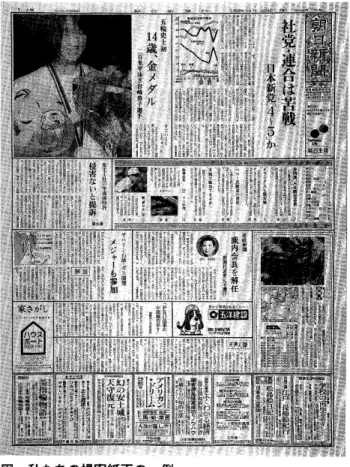 図　 私 た ち の 提 案 紙 面 の 一 例 形 に 収 め る の が よ い と し て 提 案 し て い る （ 図参照 ） 。 そ う す れ ば 、 記 事 の 大 き さ か ら 一 目で 重要 度 が 分 か る 。 現 在 の 新 聞 は 、 記 事 が 上 か ら 下 へ と だ らだ ら と 続 い て 、 記 事 の 重 要度 が 不 明 だ 。 ま た読 み に く い 。 ニ ュ ー ス は 、 新 聞 社 に よ っ て （ 正 確 に は あ る 特 定 の 記 者 な 