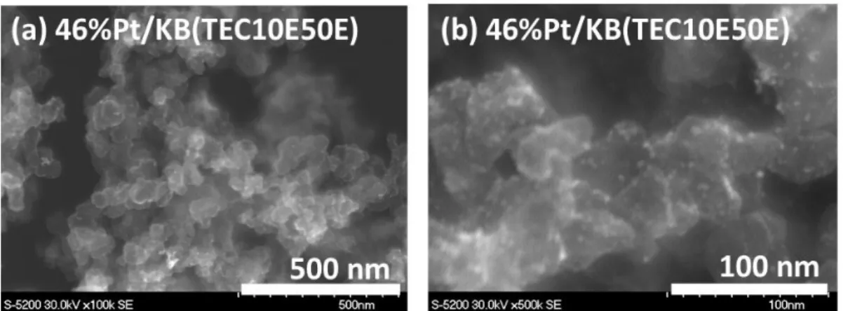 Figure 3.9  市販 Pt/KB の SEM 像  (a)低倍率  (b)高倍率 