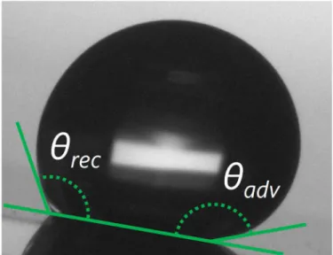 Figure 1.8  Drop on a tilted surface, exhibiting the limit contact angles θ adv  and θ rec  before  it slides off