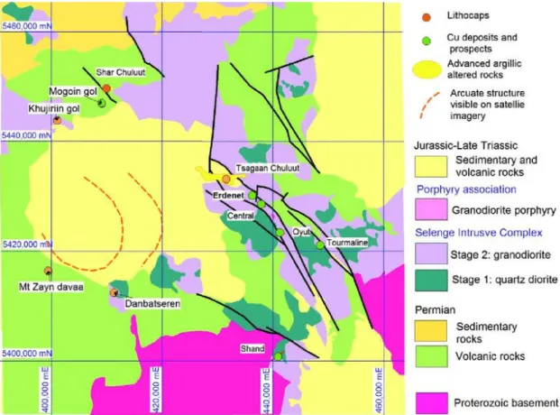 Figure 2-3 Simplified geology of the Erdenet district (Kavalieris et al.,2017)  The Selenge Complex occupies an area of 2,800 km 2  (Koval et al., 1982)