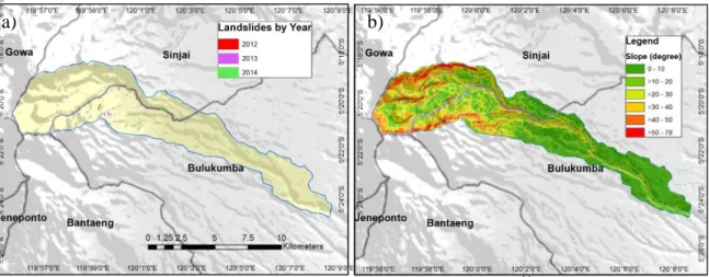 Figure 10 a) Landslide inventory b) Slope study area in degree 