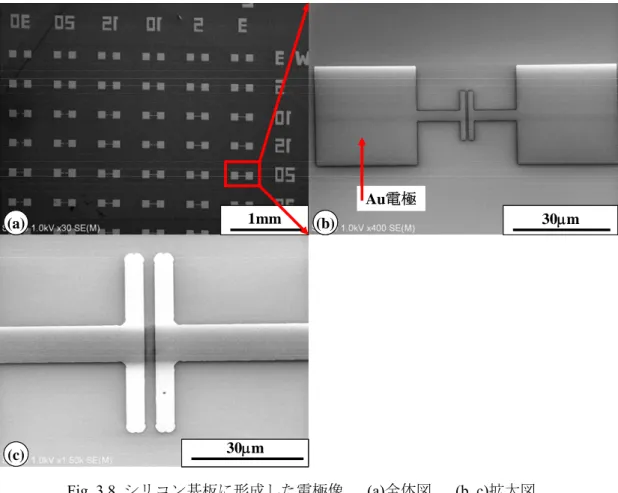 Fig. 3.9 をみると，単層 CNT が電極周りからのみ合成されているのではなく，シリコン基 板上の電極が付近にない場所にも合成されていることがわかる．これから SAM 膜の形成が うまくいっていないことがわかる．SAM 膜が疎水性にならず，Dip-coat 法で電極周りだけ でなく，シリコン基板全体に触媒金属が付着してしまっていると思われる．このように単 層 CNT が至る所に合成されていると，金属的性質の単層 CNT も多く合成されるので，電 極間に電圧をかけても金属的性質の単層 CNT の導電が支