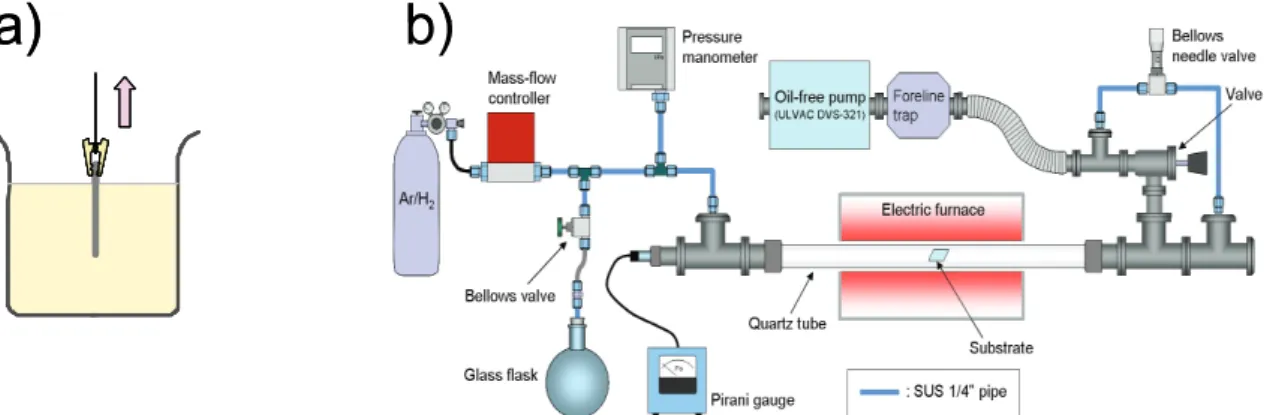 Fig. 1.10    a) Schematic of dipcoating method, b) Schematic description of CVD apparatus