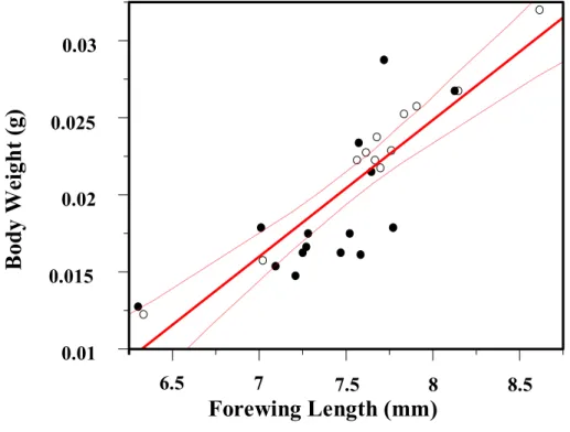 Fig.  3-3.  The  regression  analyses  between  body  weight  at  emergence  and  forewing length of I