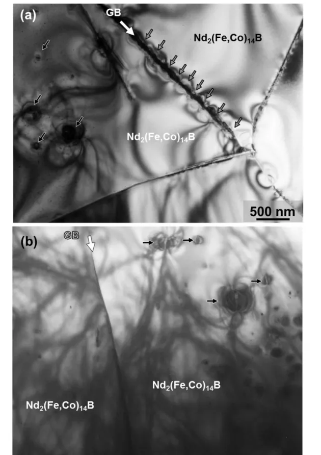 Fig.  3-2  TEM-bright  field  (BF)  images  of  GBs  in  (a)the  original  and  (b)the  Tb-sputtered  Nd-Fe-B  magnets