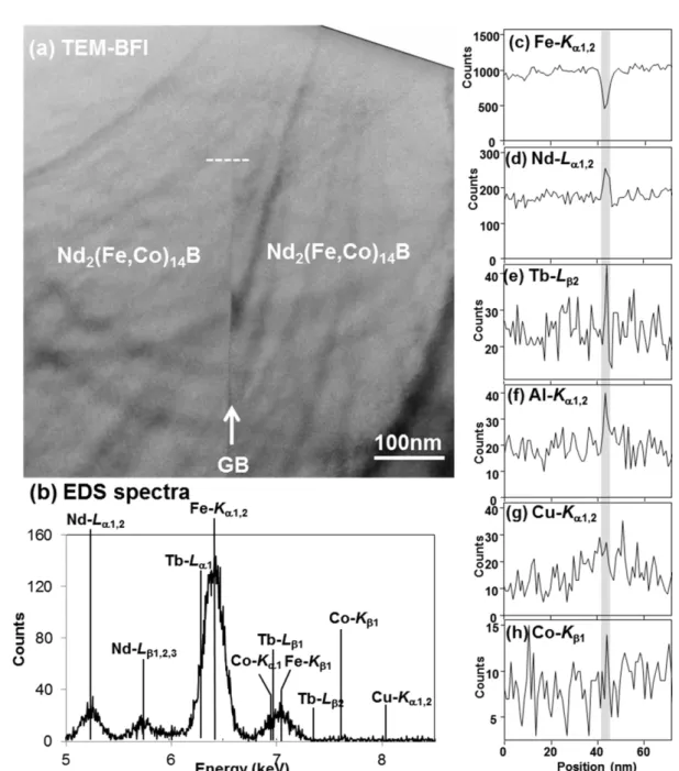 Fig. 3-5 (a)TEM-BF image of the GB in the Tb-sputtered magnet, (b) STEM-EDS spectra and (c)-(f)  STEM-EDS  line  profiles  acquired  from  the  white  dotted  line  in  Fig