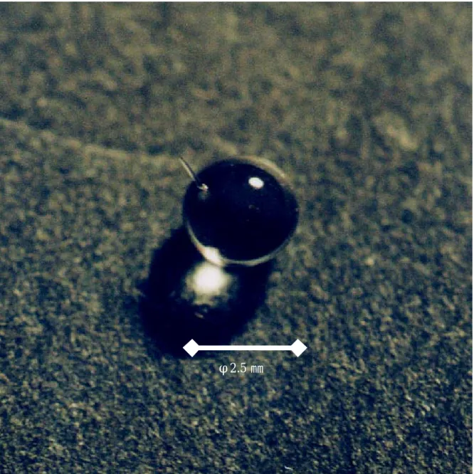 図 3.8  720℃，ガラス棒径φ0.67 ㎜の条件で作ったゴブ     135 ㎜のひげが生成したが途中で折れてしまった 