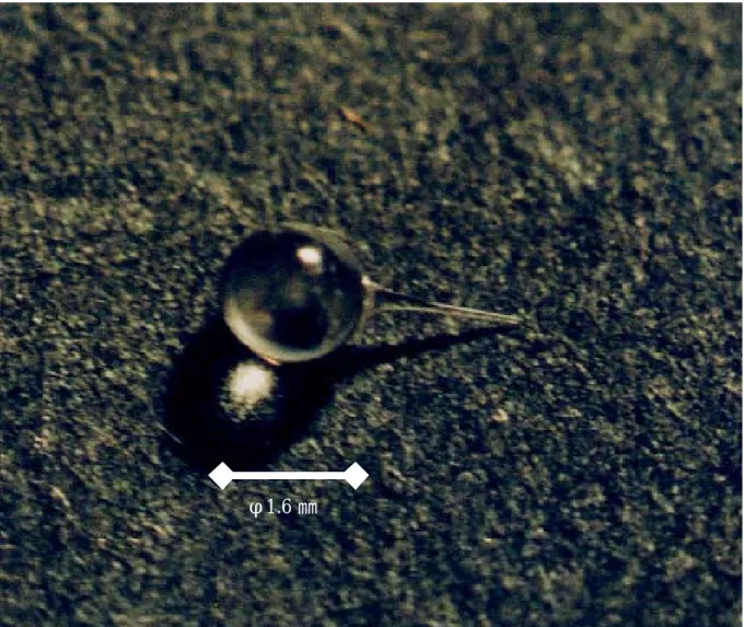 図 3.9  670℃，ガラス棒径φ0.16 ㎜の条件で作ったゴブ      3 ㎜のひげが生成したが先端が欠けてしまった 