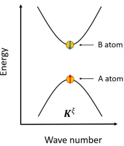図 3.10: 空間反転対称性の破れた六方格子系の K 点 K ′ 点まわりのエネルギーバンド図。 K 点 K ′ 点付近の分散関係 はパラボリックである。価電子帯の頂上はオンサイトエネルギーの低い A 原子が、伝導体の底はオンサイトエネルギー の高い B 原子が占有する。矢印は擬スピンの向きを表しており、価電子帯の頂上では真上を、伝導体の底では真下を 向いている。すなわち励起の前後で電子はエネルギーの低い A サイトからエネルギーの高い B サイトに移動する。 ンサイトエネルギーの低い A 原子に、伝導帯