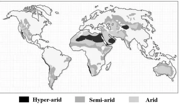 Figure 3.6: Distribution of hyper-arid, arid and semi-arid regions along the globe (IUCN, 2004)
