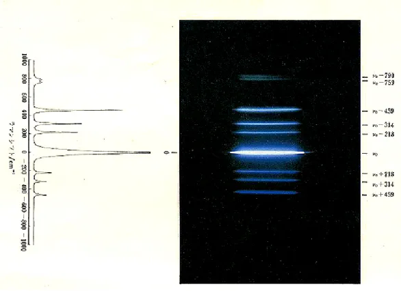図 1.5. Ar + レザー 488.0nm 発振線で励起した液体四塩化炭素のラマンスペクトル写 真 ( 右側 ) と対応するスペクトル。 ( ラマン分光法 [4] より引用。 )