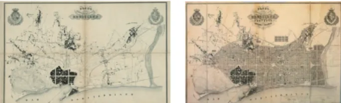図 2 : 拡張市街地計画前　実施測量地図 (1855) 図 3 : 拡張市街地計画案　 (1859) 図 4 : 中庭再整備計画　実施事例 図 6 : 内と外の関係性 図 7 : 街区内部にみられるのファサード 図 5 : 中庭再整備計画と中庭利用されている街区　2- 持続可能な都市を目指して−再整備の手法 3- 都市における人々の空間 4- 小結 5- 設計提案 図 8 : 敷地周辺航空写真common semi-public privateprivatepublic publicpublic日本ヨーロ