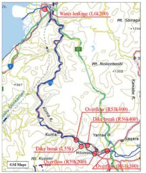 Fig. 1 Damaged part of the Kuma River embankment  (modified from GSI Maps).