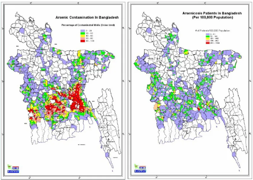 Figure 1.3 (A) Distribution of wells with As concentrations in the groundwater above the Bangladeshi  standard, and (B) the location where arsenicosis patients were mainly identified 