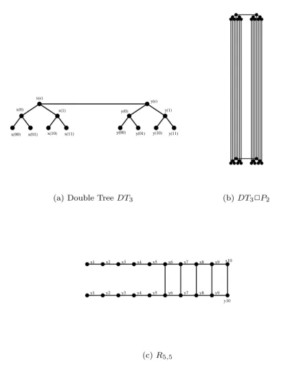 Figure 3: Double tree DT 3 , double tree cross path DT 3 2 P 2 , graph R n,k (n = 5, k = 5).
