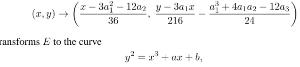 Table 2.1 lists the curves of simplified Weierstrass equations applying the ad- ad-missible change of variables for each characteristic.