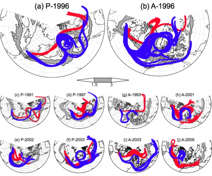 Figure 4.2: Snapshots of blocking flows (PVU, contours and shades) and parcel trajectories from synoptic anticyclones (blue) and cyclones (red) in (a) P-1996 and (b) A-1996