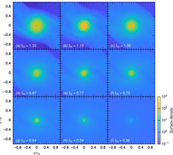 Figure 4.2. Surface density Σ ˆ distribution near the protoplanet at the end of the calculation for each model.