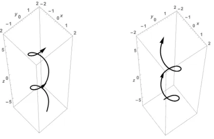 Figure 4.2: Examples of non-degenerate null regular curves with positive sign (the left figure) and negative sign (the right figure).