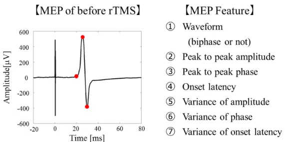 Figure 2.2 Features for discriminant analysis. As the feature of MEP before rTMS,  waveform, peak to peak amplitude, peak to peak phase, onset latency and these variances  were calculated