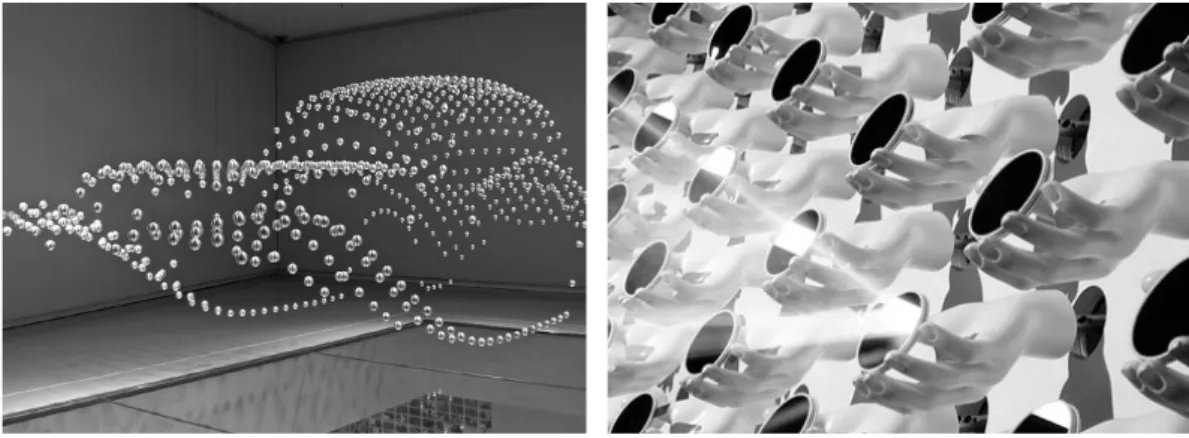 図 1-17  Kinetic Sculpture BMW 図 1-18  Mobility 　これまで紹介したように実体を持ったディスプレイ装置は、実体の存在感を生 かしてインパクトの強い情報提示が可能であり、研究者やデザイナー、アーティ ストからも注目され、分野を越えて研究、制作が行われている。 　実体を持ったディスプレイ装置は、その素材や機能もさまざまなものがあるが、 このようなディスプレイ装置に共通する特徴として、映像ディスプレイのように 解像度の高い情報表示を目指すのではなく、構成要素である素材の
