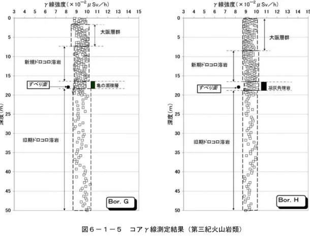 図 6-1-5 に示す。Bor.G の地質は，上位より表土(GL-0.0～-1.3m)，大阪層群(砂，GL-1.3～ -3.0m)，大阪層群(礫，GL-3.0～-7.5m)，新期ドロコロ溶岩(GL-7.5～-16.2m)，亀ノ瀬礫層 (GL-16.2～-17.9m)，旧期ドロコロ溶岩(GL-17.9～-50m)である。コアγ線測定結果では GL-17.9m に相対的に低いγ線強度が検出された。友松ほか(1981)の地すべり面の記載によ れば，Bor.G の亀の瀬礫層中の相対的に低い異常点(GL-17.9ｍ)