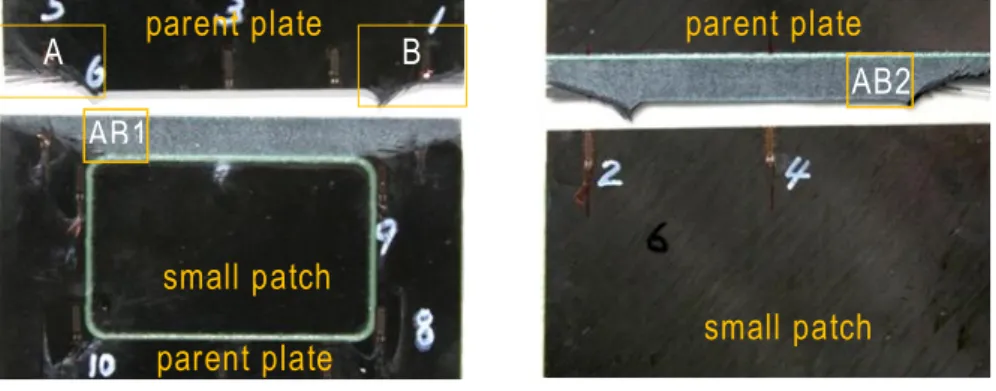 図 5.17 Enlarged failure modes at A, B and ABs of CFRP-small-PP-2 (a) overview of fractured specimen with A, B, AB1 and AB2  
