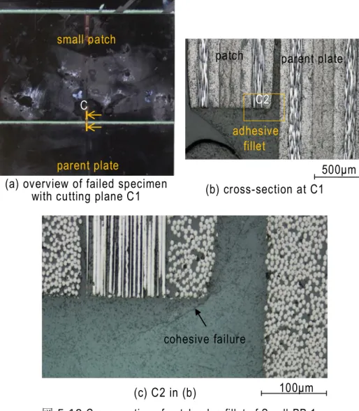 図 5.19  Cross section of patch edge fillet of Small-PP-1 small patch   parent plate C1 cohesive failure 100μm (c) C2 in (b)C2 