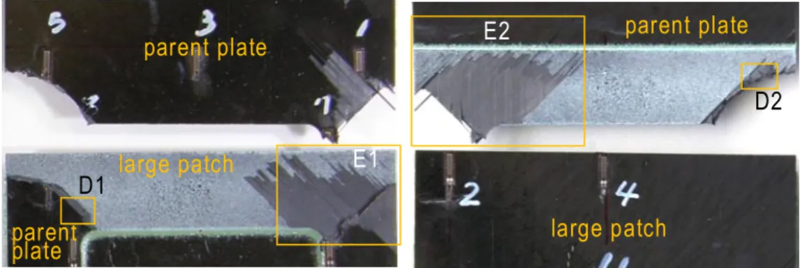 図 5.20  Enlarged failure modes at A, B and ABs of CFRP-large-PP-3E1 parent plate D1 large patch   parent plate    E2  D2 large patch parent plate 