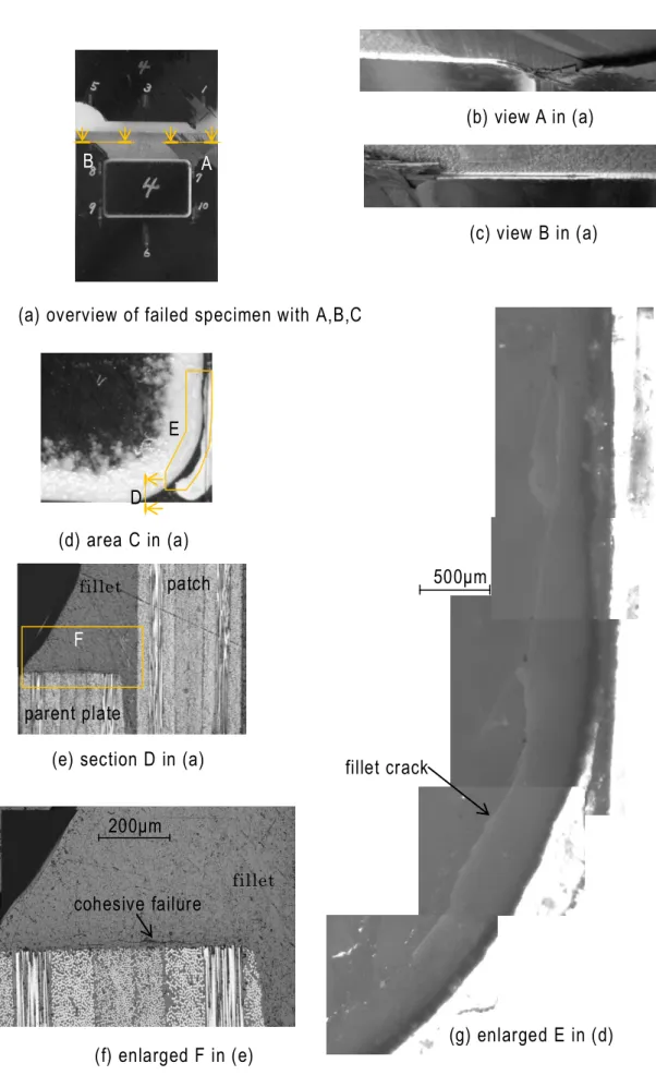 図 5.21  Cross section of a squared hole edge fillet near R-corner of CFRP large-PP-3 (d) area C in (a)    patch (g) enlarged E in (d)(b) view A in (a)(c) view B in (a) E D B A F fillet parent plate patch fillet crack 500μm 200μm fillet cohesive failure 