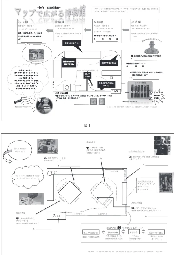 図 1拡充期           昭和45年～昭和61年     （１９７０年~１９８６年） Q５:「世紀の発見」といわれる   彩色壁画が見つかった場所は？A：  歴史についての映像が流れます 社 学 へ  入口 発展期大正11年～昭和20年 （１９２２年～１９４５年） ◎千里山キャンパス誕生 Q４:大学へと昇格した日は？ A:       年      月      日  飛躍期                   昭和20年～昭和30年        （１９４５年～１９６９年）         ◎19