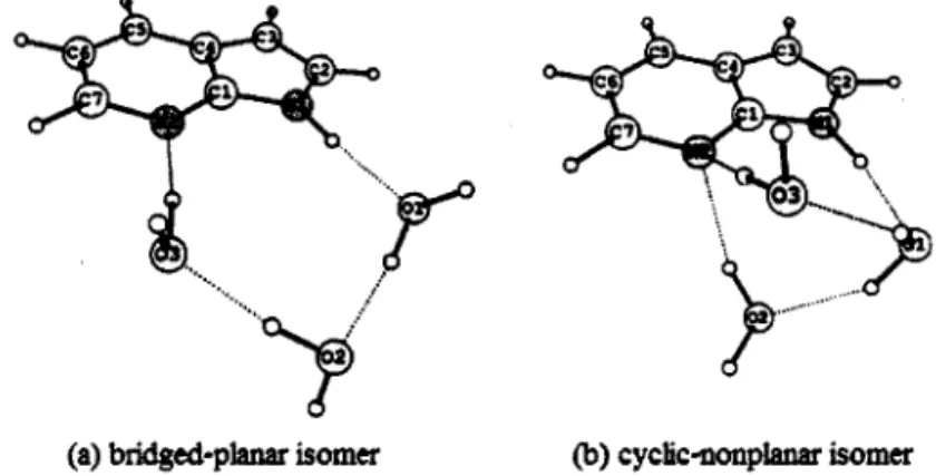 Fig. 2. Equilibrium structures of 7AI(H20)3 in the excited       In Chapter 4, a general conclusion of the present work is presented. My theoretical calculations on 7AI homodimer, heterodimer, and complexes with waters have provided consistent results in b