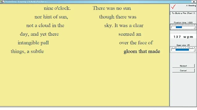 図 2 － 1 　FReader  ©1999  ReadingSoft.com “ X-Reading ” 提示速度：Fixation  Time=134～1345msec.;  Span  Size= 5 ～25段階