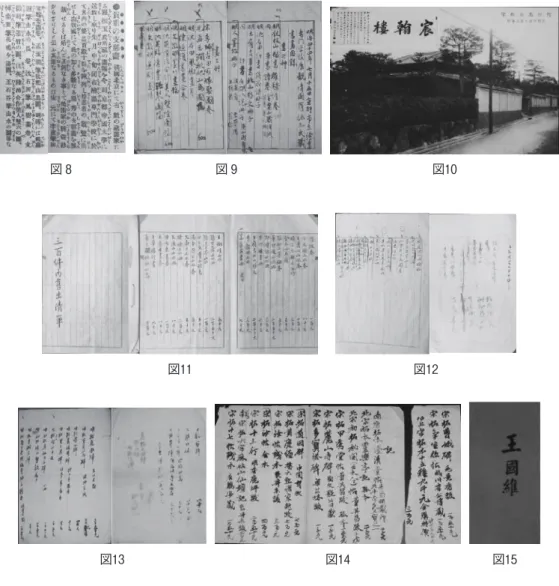 図 8 図 9 図10 図12図11 図14図13 図15 　1912年末、竟山は八年間勤務していた台北から日本に帰り、京都に定住し、京都帝国大学の 書道教授（非常勤講師）の招聘を受けて、岡崎と室町（1913年から）に居を構えた。羅振玉の 住所である「宸翰楼」（図10）が存在する馬場町は、竟山の家がある室町から歩いて10分の距離 であった。現存する京都時代の羅氏の書簡は九通あり、内容によって金石碑版の代理購入や京 都和漢法書展覧会への協力、京都の日常生活などに分けられる。京都和漢法書展覧会（三通） について