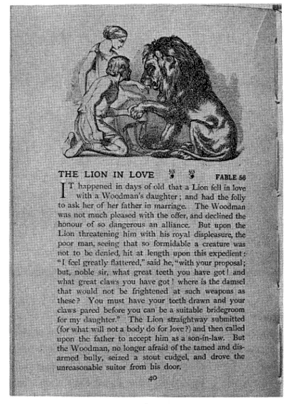Fig.  1-b.  Fable  56:  "The Lion in Love."  A typical page from the James  Aesop,  the illustration probably identical to that in the 1858  edi-tion,  the proposed  model  for  the  Watabe  Isoppu  illustrations