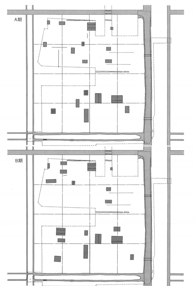 図 31a  左京七条一坊十六坪遺構変遷図 (上 :A期 、下 :B期 。便宜的に東北部 は前半の状況を示 した。 )