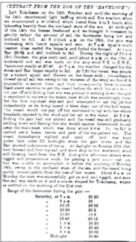 Figure 3: Extract from a ship log describing the typhoon of October 15-16,  1869 (Source: Japan Times Overland Mail, October 28, 1869)
