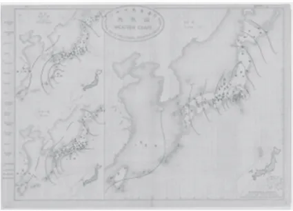 Figure 4: Weather map for October 7, 1899-10 pm, 6 am and 2 pm showing a  typhoon moving along the Pacific Coast of Japan (Source: Central  Meteorological Observatory of Japan, 1899)
