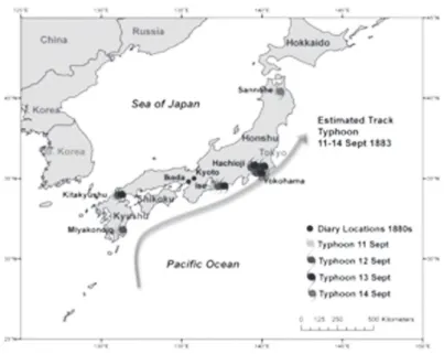 Figure 7: The track of the typhoon of Sept. 11-14, 1883 based on reports in  the Historical Weather Database (Source: Authors)