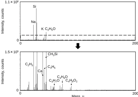 Fig. 3.1. A typical ToF-SIMS spectrum of a mixed sample of PEG and PMA [64]. 