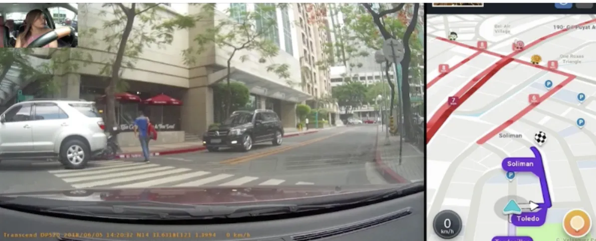 Figure 3.4: Synchronized video clippings of the [Le ] dashboard camera video and [Right] the applica on screen record- record-ing.