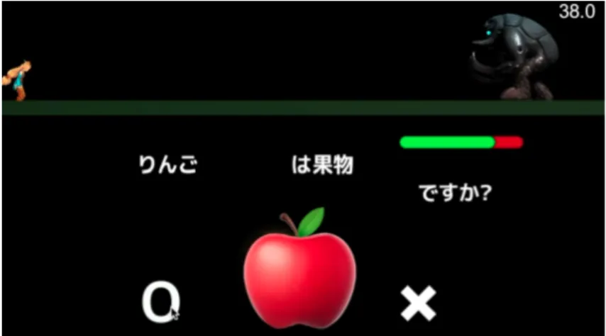 図 3.3: ◯×ゲームの画面 現在名詞は 77 種類を登録している．質問内容は，その名詞に属する常識知識について ユーザに質問を行う．例えば， 「それは果物ですか ? 」といった質問である．質問に用いる 常識知識は以下の 2 種類である 